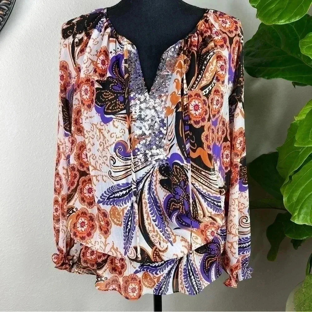 Sunny Leigh Women’s Boho Floral Paisley Blouse Top Orange Sequin Size Medium
